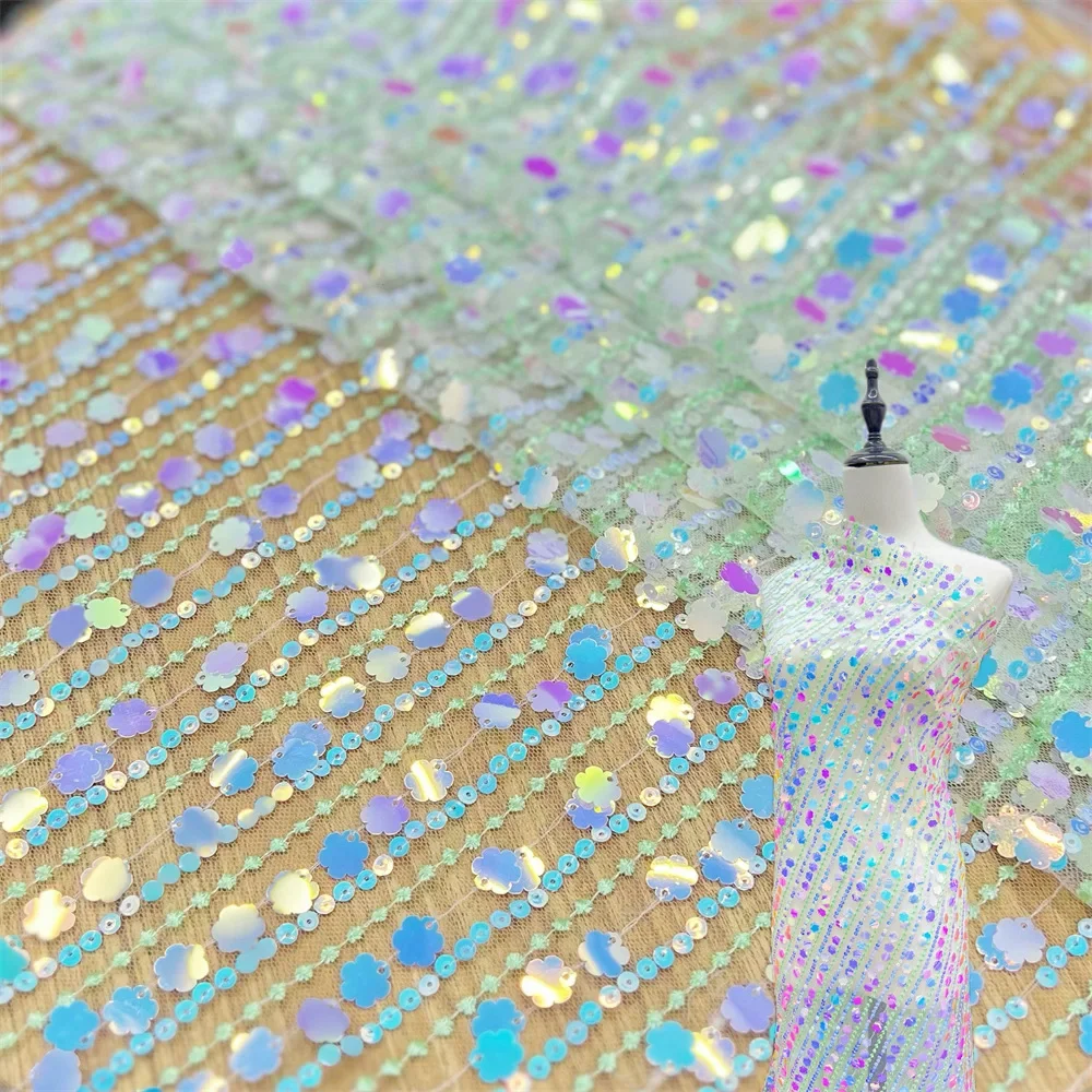 

New Product Plum Blossom Snowflake Sequin Lace Fabric Mesh Sequin Embroidered Fabric Light Green Bling Sequins Fabric