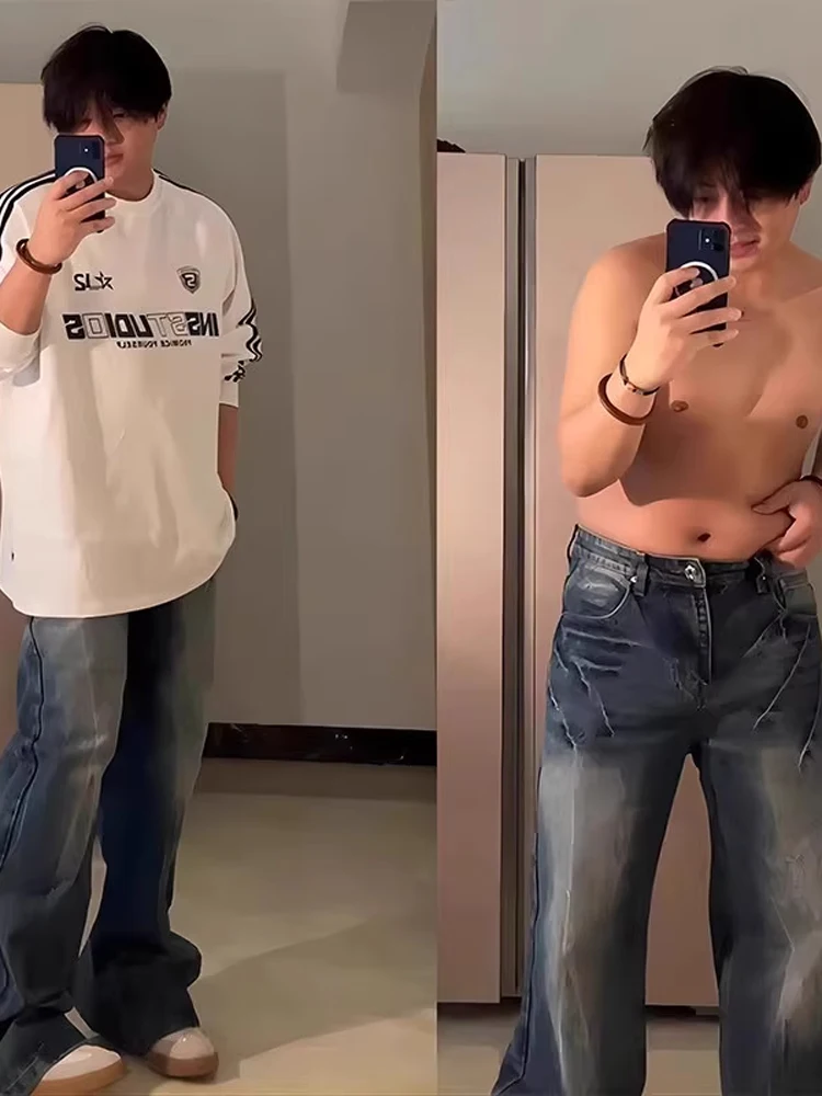 

Washed Blue Lightning Crack Denim Jeans High Waist Straight Leg Hiphop Style for Plump Men American High Street Fashion