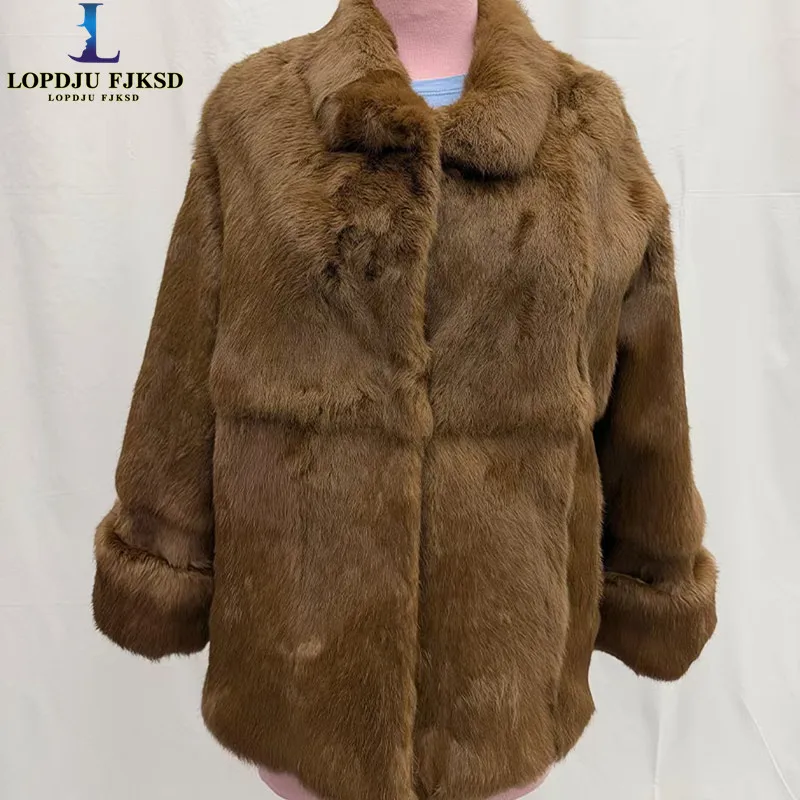 Real Rabbit Fur Coats for Women,Europe and America Jackets,Turn-down Collar Overcoat,Female Clothes,New,Autumn and Winter