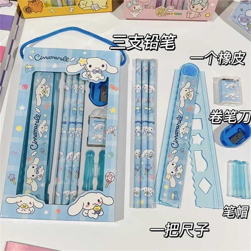 Sanrio Briefpapier Set Anime Cartoon Hello Kitty Cinnamoroll Kuromi Mijn Melodie Potlood Rubber Liniaal Puntenslijper Vakantie Geschenken