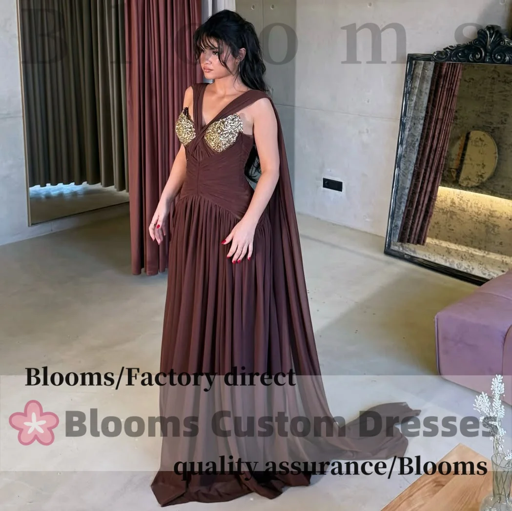 Vestidos de Noche de cristal drapeados de gasa plisada marrón personalizados, capa larga, corte en A, sin mangas, con cordones en la espalda, vestidos de fiesta formales