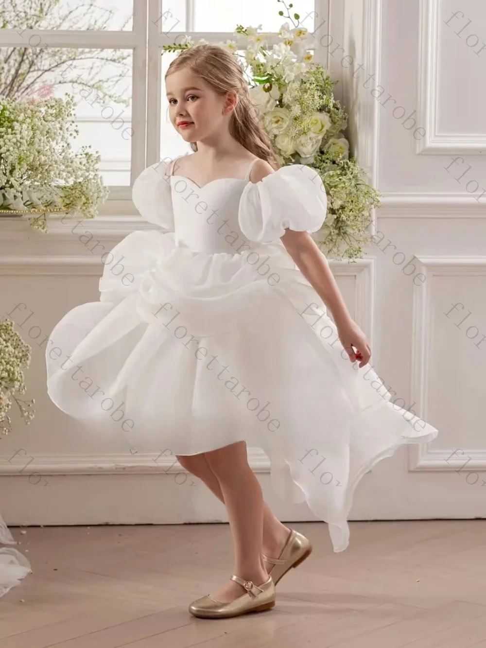 Customized White Organza Flower Girl Dress High Low Sweetheart Puff Sleeve Large Bow Ruffles Wedding Birthday Kids Princess Gown