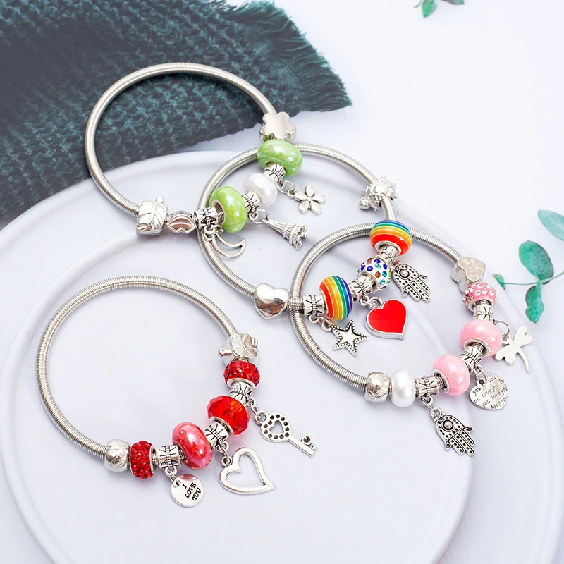 Fashion Simple Glazed Gem Beads Key Lock Love Hanging Bracelet Light Luxury Vintage Bangle For Women Jewelry Gift