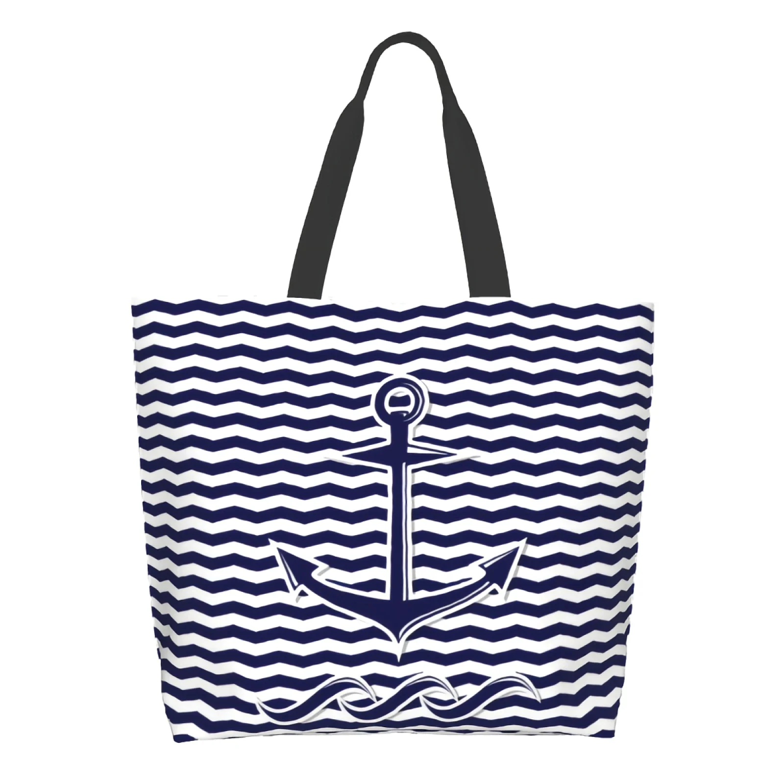 Abstract Anchor Symbol Extra Large Grocery Bag Blue and White Stripe Reusable Tote Bag Shopping Travel Storage Tote