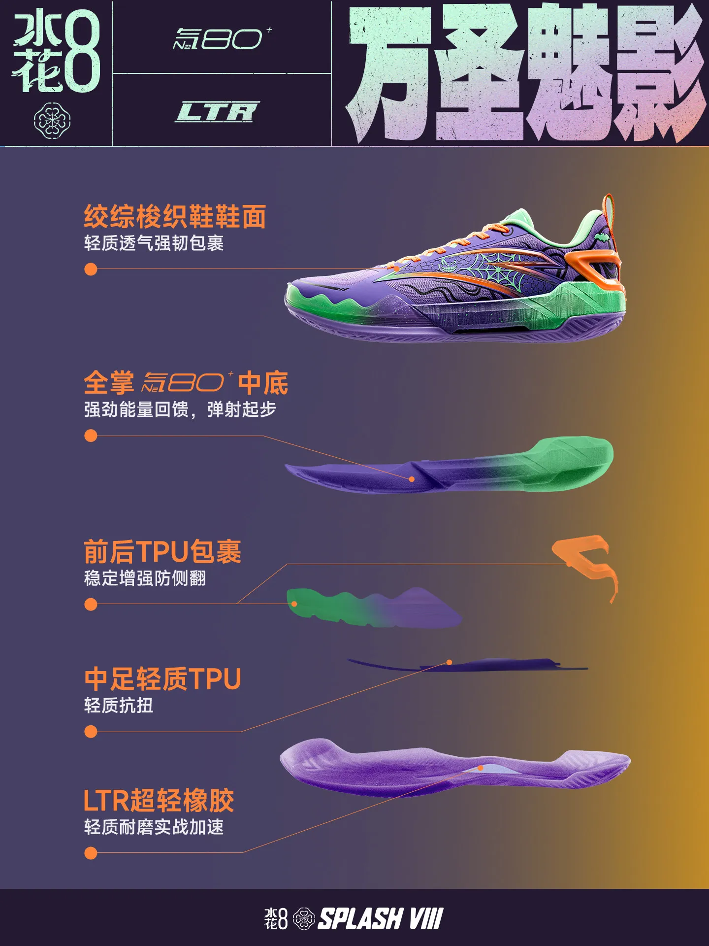 ANTA Splash 8 Men Low Basketball Shoes Nitrogen 80 Halloween Two Color Anti Slip Shock Absorption Wear Resistant Sneakers
