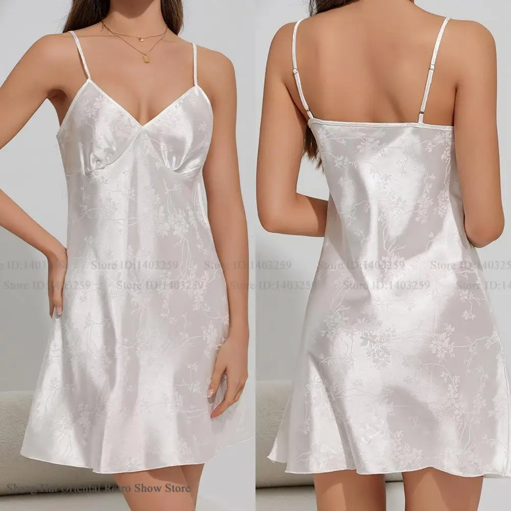 Sexy Suspender Nightgown Women's Chemise Sleepwear Lingerie White Ice Silk Jacquard Nightdress Summer New Home Dress Loungewear