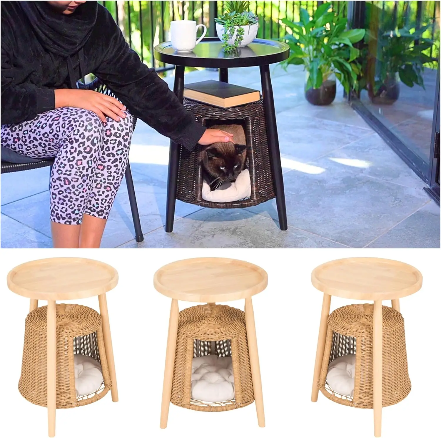 Cat Condo Side Table e Cat Bed, 2 em 1 Hideaway Cave House, almofada lavável, decorativa Pet Furniture, End Table & Cat Bed, gatinho