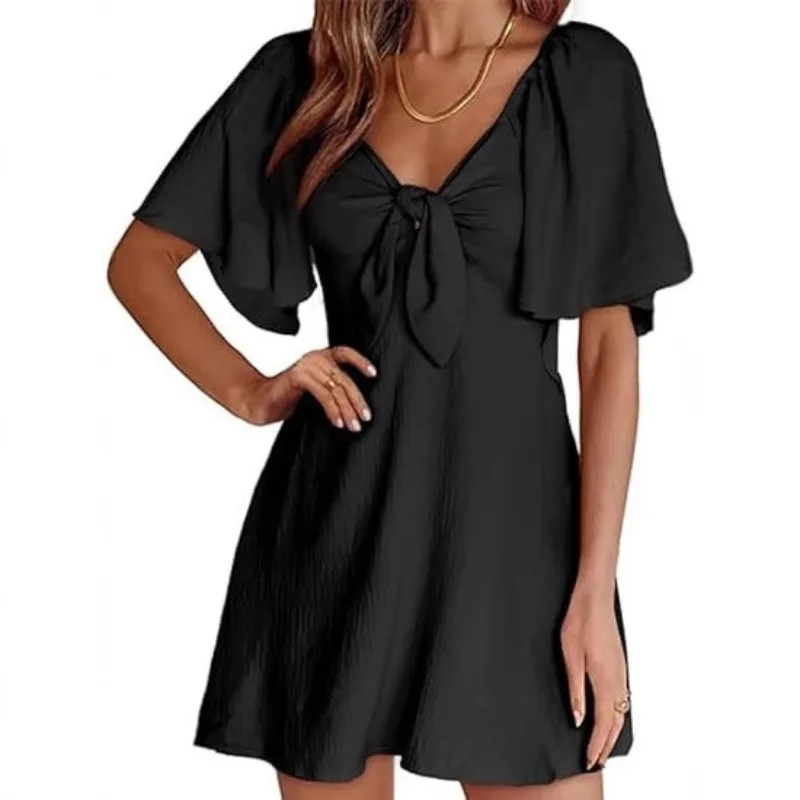 

2026 Spring/Summer V-Neck Bow Lace-Up Short Sleeve Dress