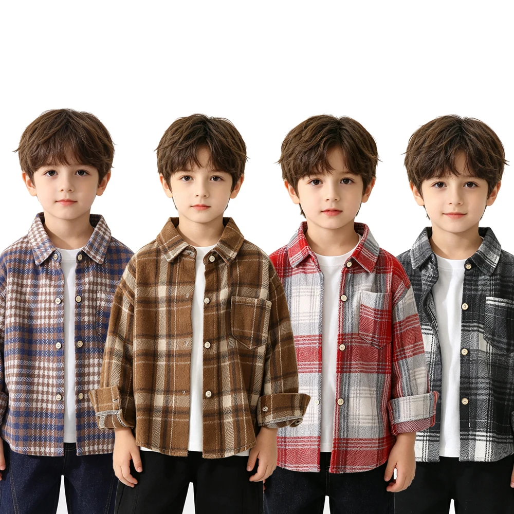 Toddler Baby Boys Plaid Shirts Long Sleeve Lapel Blouse Kids Casual Loose Outerwear Top School Daily Clothes Winter Thick Shirts