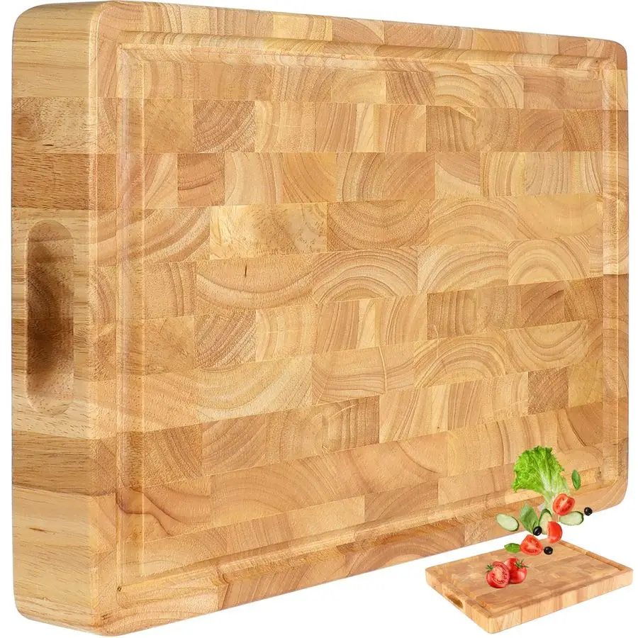 

Butcher Block End Grain Cutting Board 17x13x1.5in Reversible Multipurpose Chopping Board with Juice Groove, Cracker Holder amp I