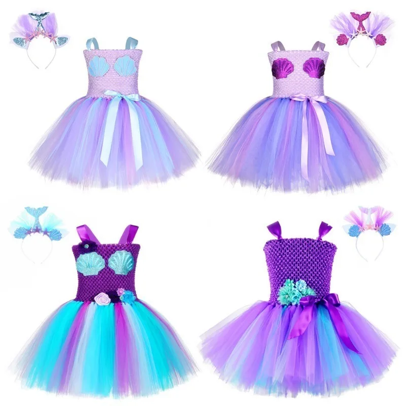 Mermaid Dress Girls Halloween Princess Party Dress Up Tulle Mesh Rainbow Tutu Skirt Fish Scale Sequin Outfits