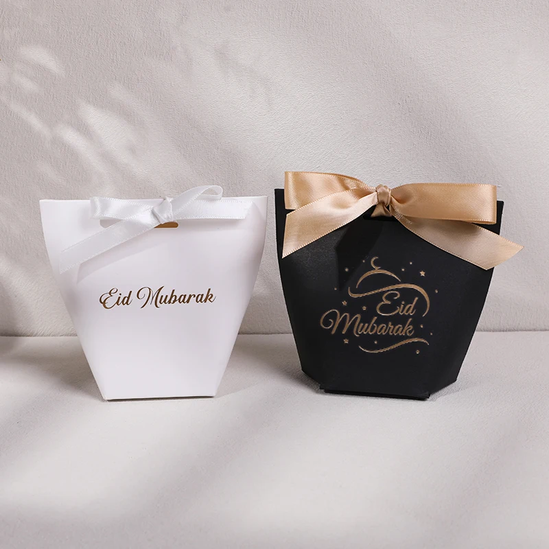 

10Pcs Eid Mubarak White Black Gift Box With Ribbon Bow Candy Snack Packaging Box Ramadan Kareem Muslim Islamic Party Gift Bags