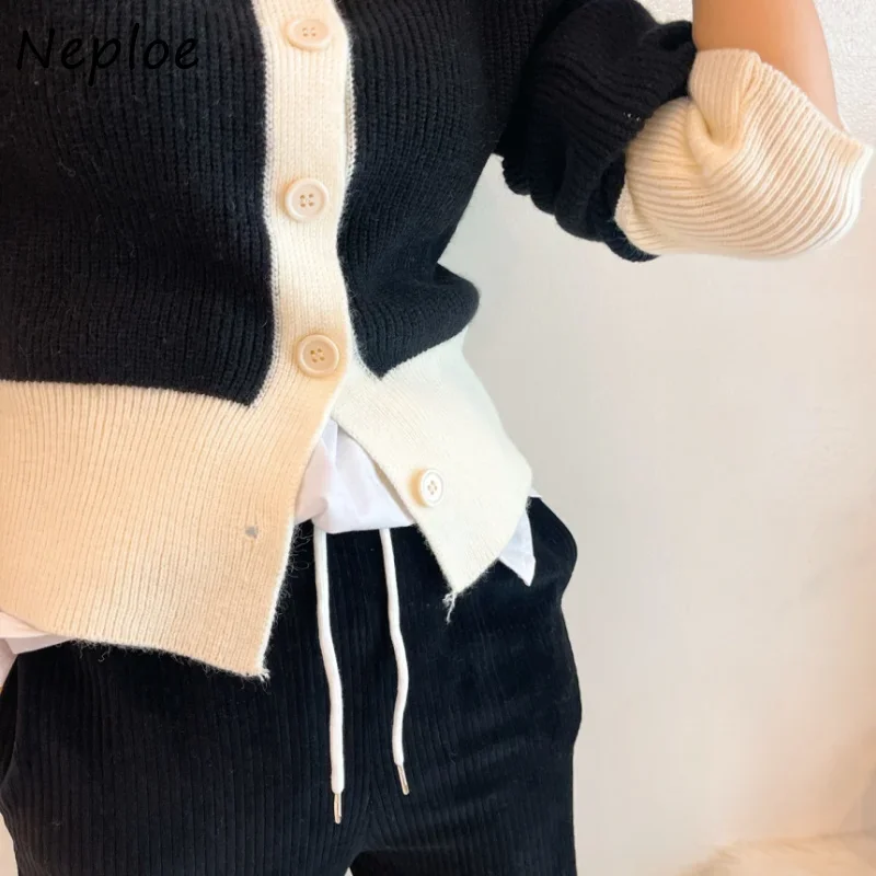 Neploe Turtleneck Contrast Color Patchwork Outerwear Single-breasted Slim Sweater Women Autumn Winter Cardigan Korea Style