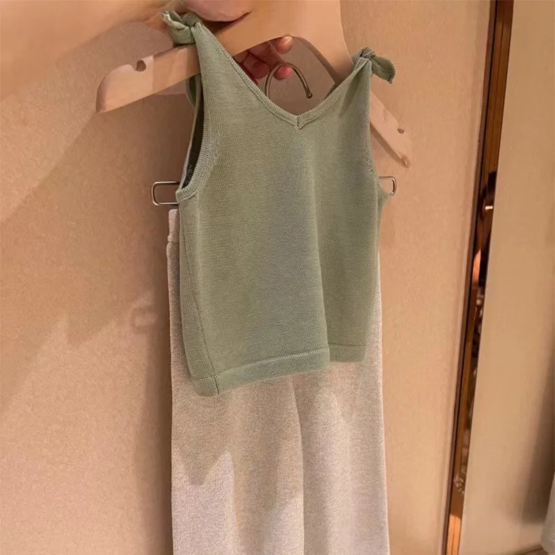 

Jenny&Dave 2023 New Combed Cotton Milk Green Tank Top Colorful Gilded Gold Wide Leg Pants Girls' Summer Thin Knit Set