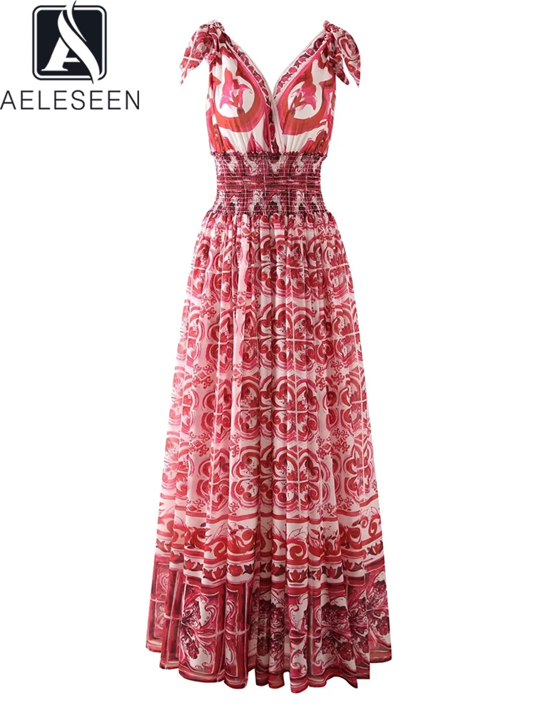 

AELESEEN Runway Fashion Women Sicilian Dress 2022 Summer V-Neck Blue Flower Porcelian Printed Elegant Waist Elastic Long Party