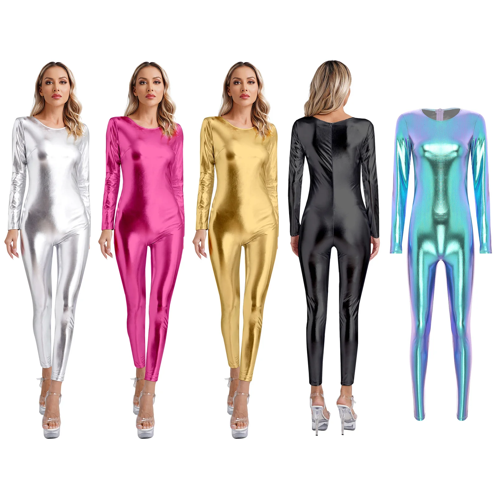 Womens Metallic Shiny Unitard Dancewear Long Sleeve Slim Fit Full Body Bodysuit Gymnastics Jumpsuit Clubwear Festival Costumes