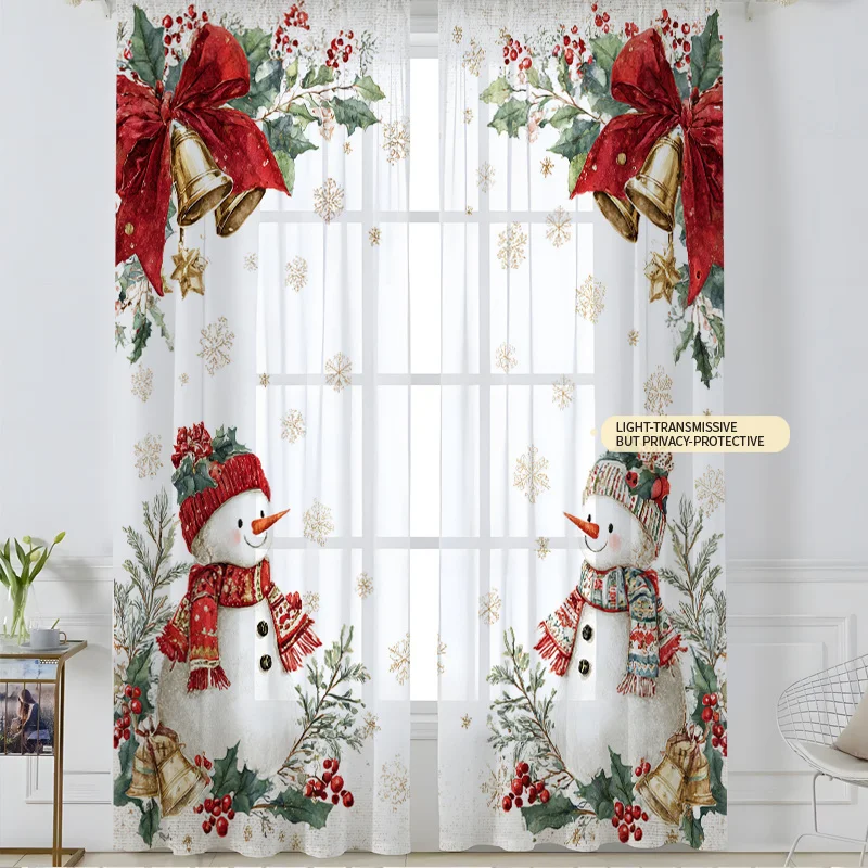 2PCS Christmas Winter Sheer Curtains, Snowman Bell Holly, Digital Print, Bedroom Living Room, Rod Pocket Polyester Home Decor