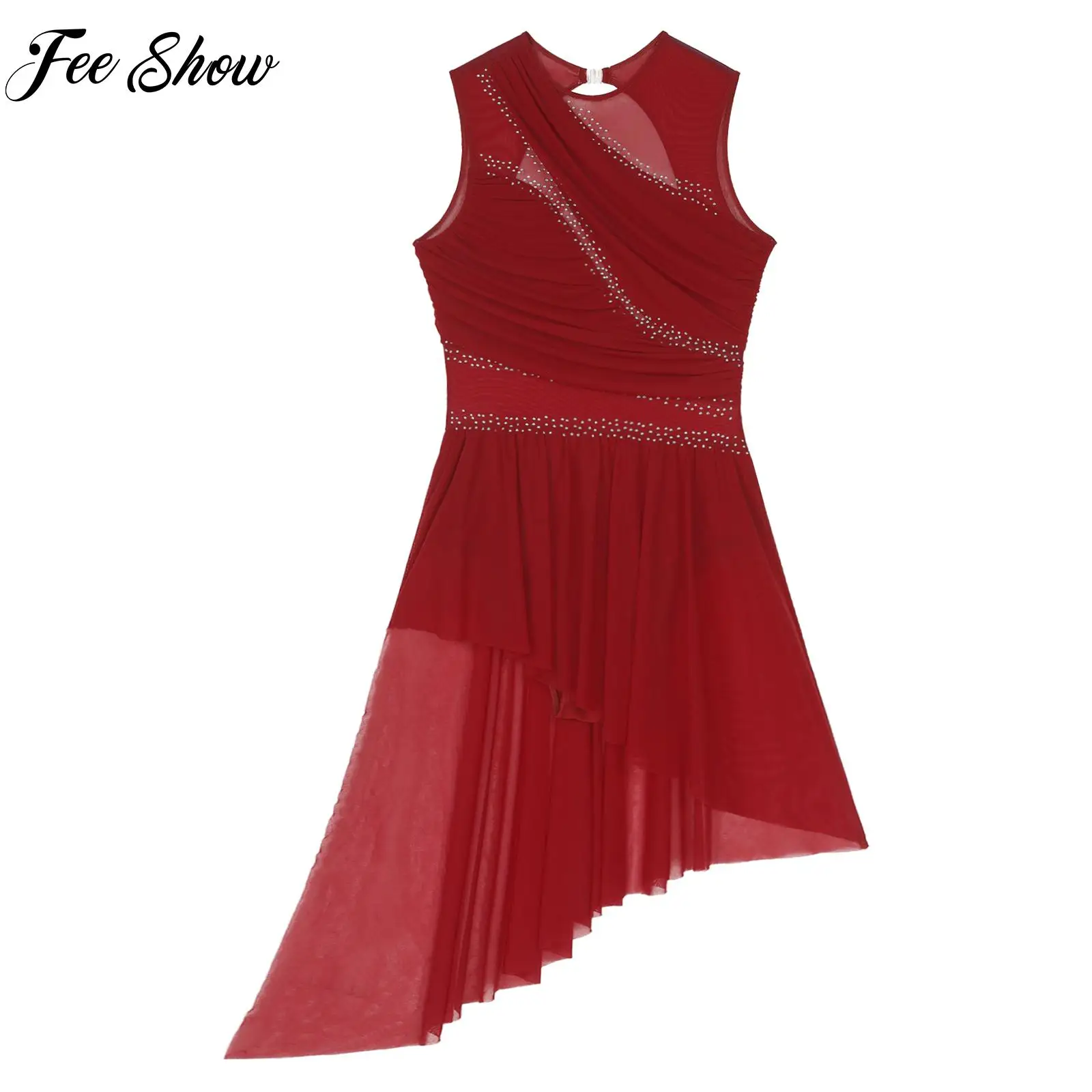 Robe de patinage artistique pour femmes, vêtements de danse modernes lyriques, en maille strass, dos ouvert, sans manches, robe justaucorps de danse de Ballet