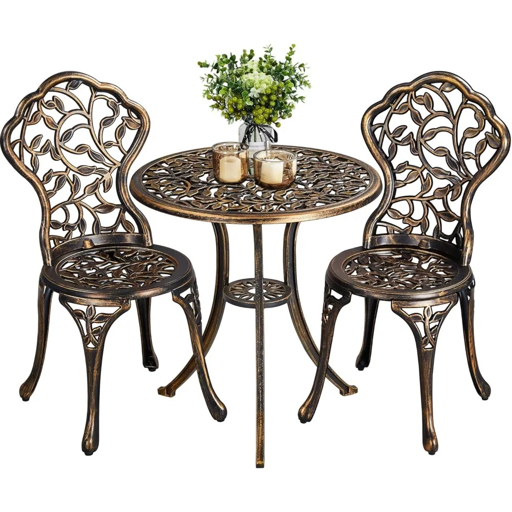 3-Piece Outdoor Bistro Set w/Leaf Design, Rust-Resistant Cast Aluminum Table and Chairs,Patio Bistro Table Set Outdoor Furniture