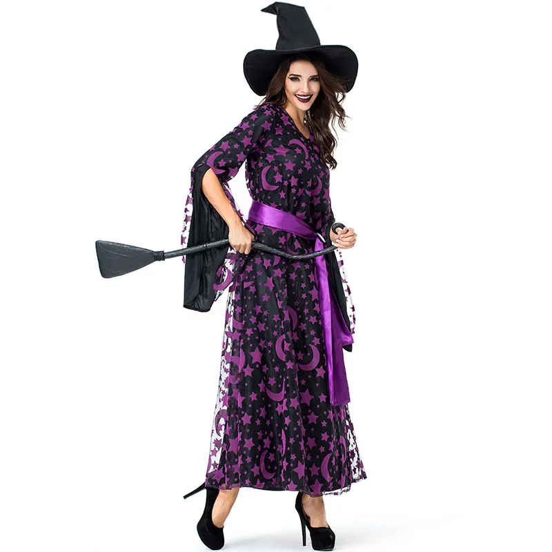 Disfraz de bruja de luna y estrella púrpura para mujer, vestido largo, disfraces clásicos de Halloween, Cosplay