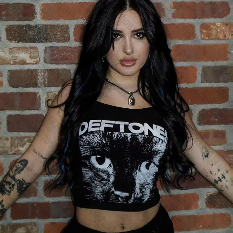 

Punk Women Aesthetic Letter Cat print Grunge Gothic girl Camisole Top Crop Top Y2k Clothes Vintage Corset Tank Top Tee tops