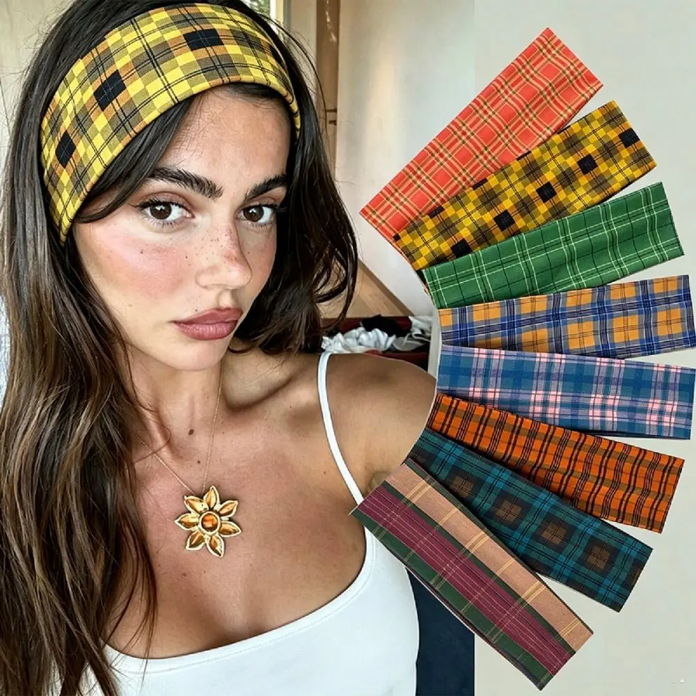 Karierte Stirnbänder im Retro-Stil für Damen, breites elastisches Haarband, Hip-Hop-Stirnband für Mädchen, Haar-Accessoires für den täglichen Sport