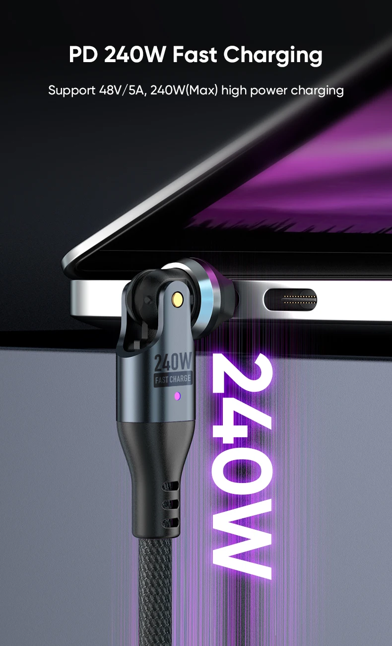 240W USB C to USB C Cable,Dual Head 540° Rotation 5A PD Fast Charging Cord,Nylon Braided Data Wire for iPhone 16,Samsung Galaxy