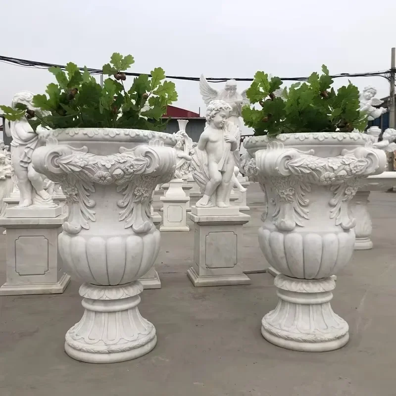 Customized Luxury Stone Carving Granite Natural White Marble Flowerpot With Statue