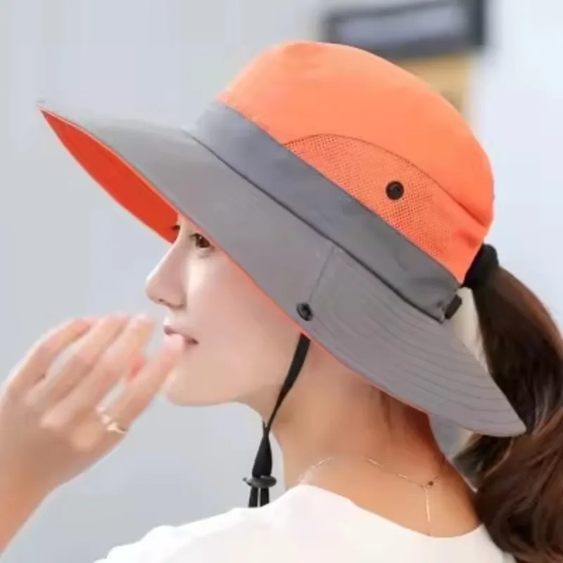 Sun UV Protection Hat Bucket Summer Women Large Wide Brim Bob Hat with Chain Strap Outdoor Fishing Hiking Hat for Female