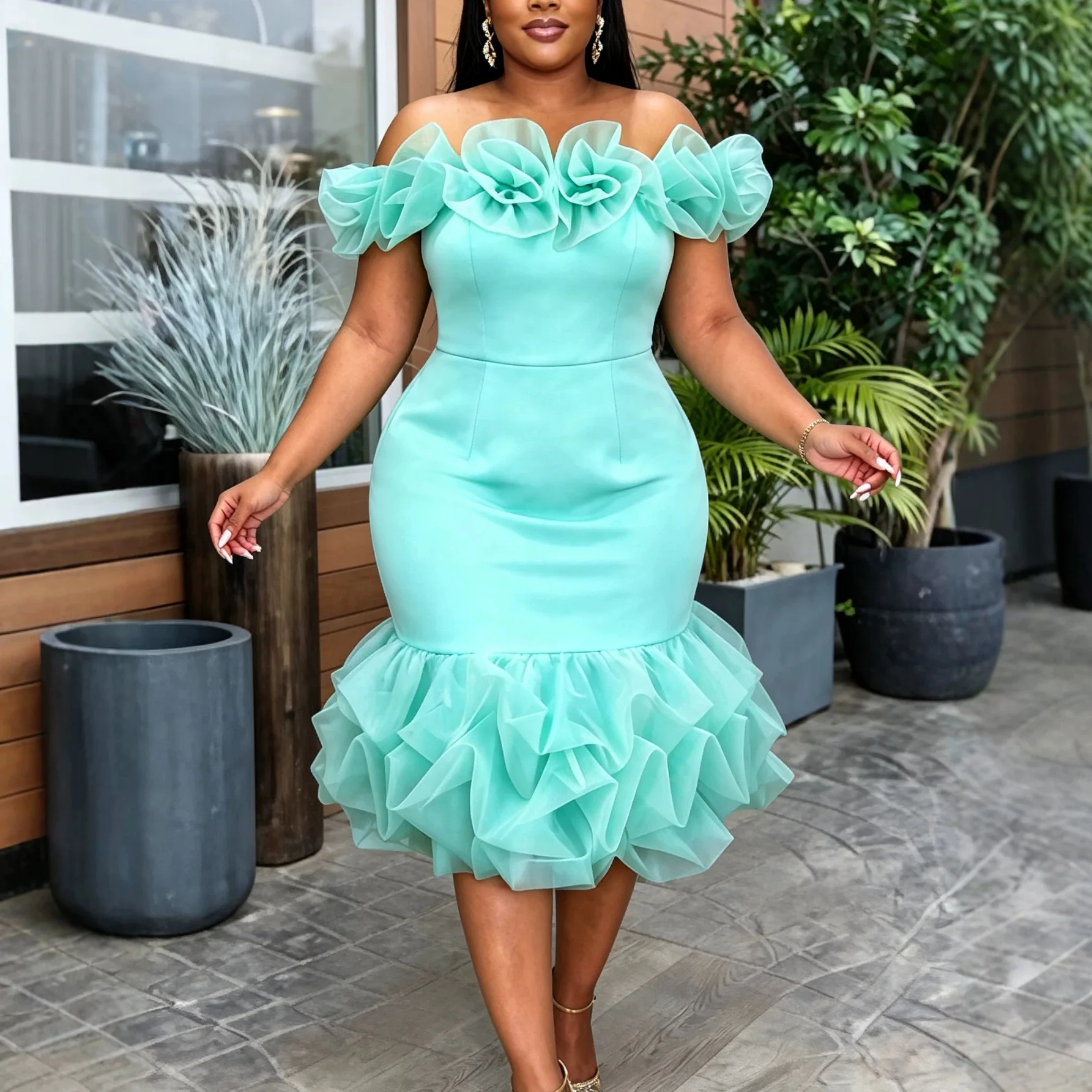 

Africa Clothing Off Shoulder Ruffle Mermaid Dress Women Mesh Patchwork 3D Floral Bodycon Evening Wedding Party Night Out Dresses