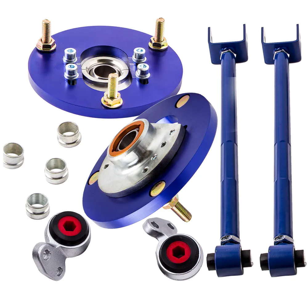 6 Pcs Adjustable Camber Arms + Camber Plates Top Hat + Control Arms Bushings for Suspension Parts Kit