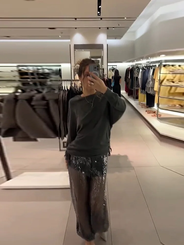 ترتر شفاف للحفلات سراويل فضفاضة للنساء عالية الخصر واسعة الساق مسائية لامعة أنيقة سراويل نسائية 2025 ثوب جديد سراويل الشارع