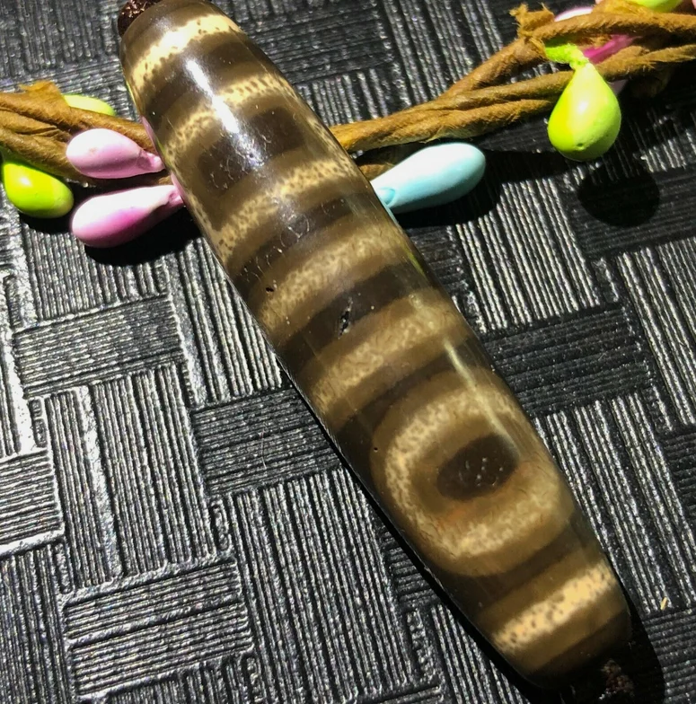 Magic Power Tibetan Old Agate Double Heaven&Earth Totem dZi Bead 11*52mm