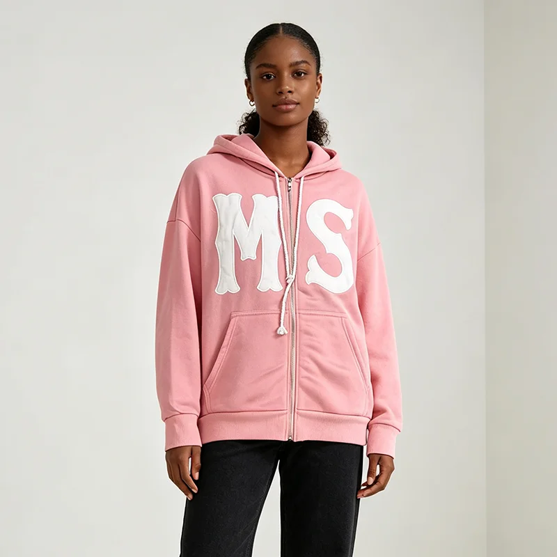 Women Zipper Pink Hooded Sweatshirt With MS Letter Patch Pattern Long Sleeved Hooded Sweatshirt With Pocket Loose Streetwear New