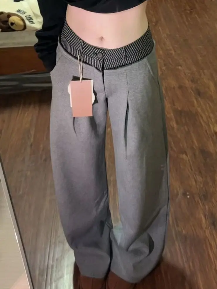 

American Retro Low-rise Wide-leg Pants Spring New Design Double Waist Splicing Plaid Drop Sweatpants