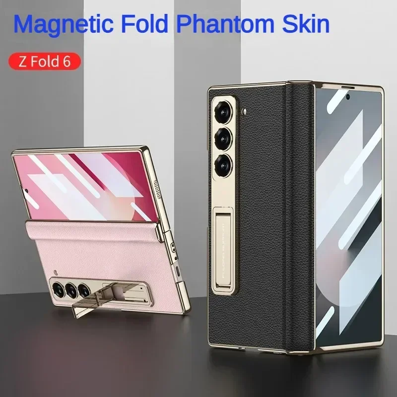 

Cases For Galaxy Samsung Z Fold6 Phone Case Electroplating Bracket Leather Magnetic Hinge Shell Film All-inclusive ZFold6 Shell