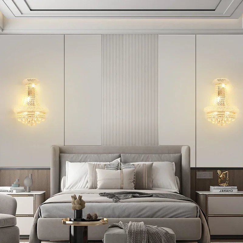 French Empire Gold Crystal LED Wall Lamp Modern Flush Mount Sconce for Foyer Staircase Lighting