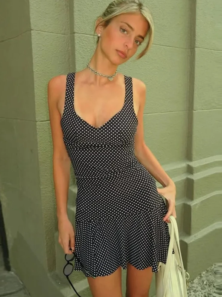 Women's Polka Dot Two Piece Set, Sexy Square Collar Tank Top & Mini Skirt, Elegant Matching Dress Set, Female Fashion Outfit