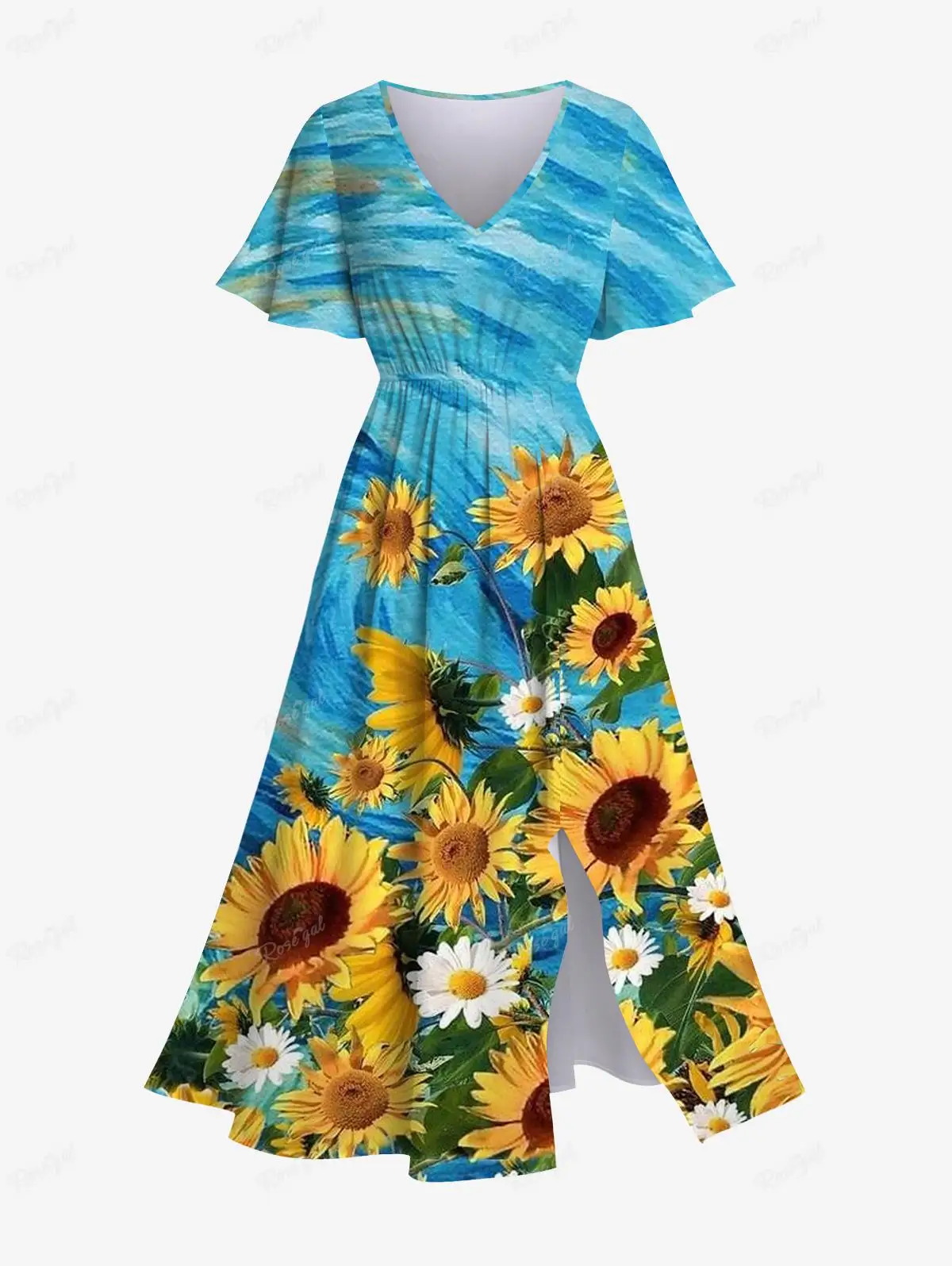 

Plus Size Split Dresses Vestidos XS-6X 3D Print Spring Summer Daily Women Casual Hawaii Plus Size Sunflower Daisy Painting Print