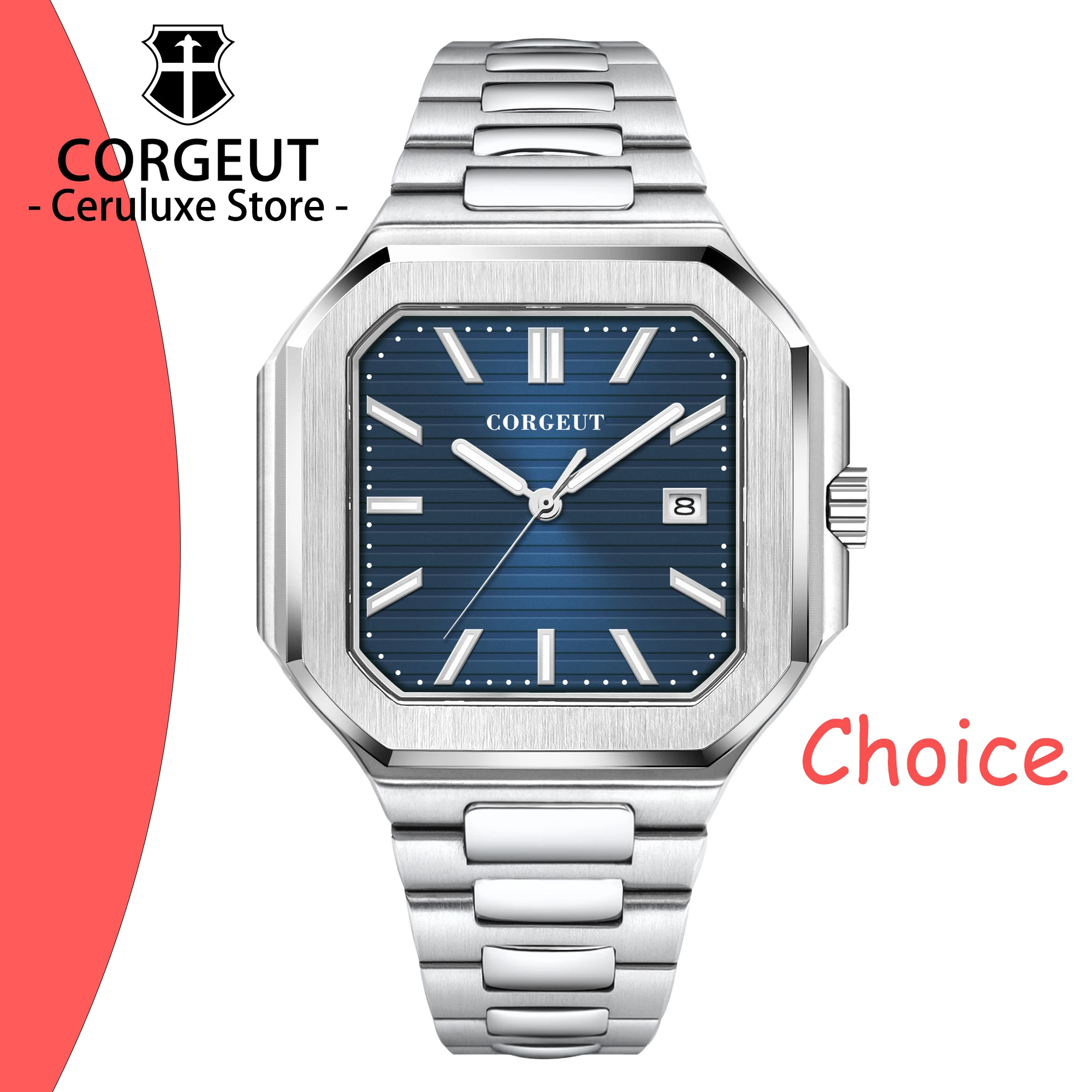 CORGEUT NH35 8215 Automatic Mechanical Watch For Man Blue Black Luminous Square New Men Watchs Stainless Steel Green Dial Custom