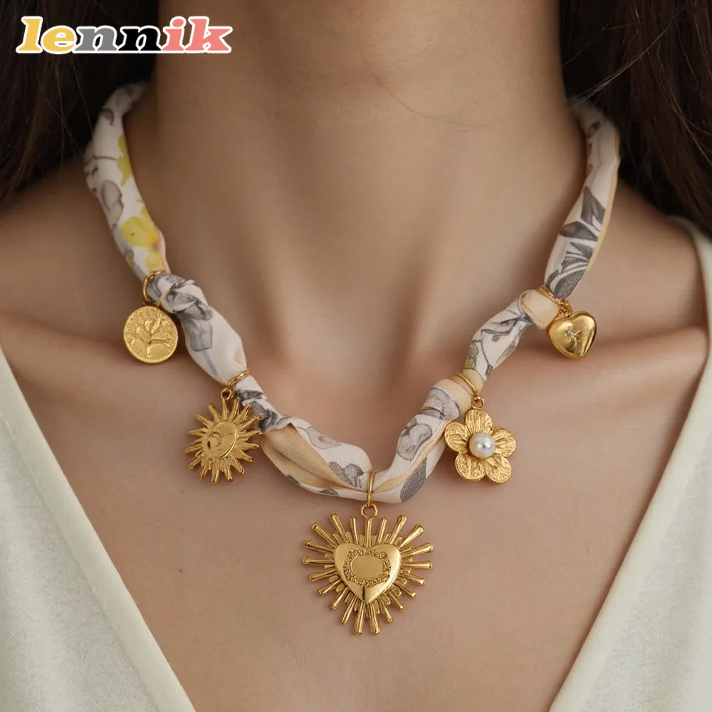 

LENNIK Легкая роскошная цепочка для шарфа «сделай сам», ожерелье с подвеской в виде сердца и солнца, позолоченный дизайн 18 карат, элегантные универсальные женские украшения
