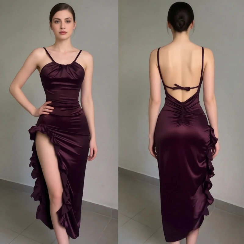 Y2k Sexy Waist Fashion New Summer Drawstring Suspender Women's U-neck Solid Color Dress Slim Backless Lace-up Evening Dress
