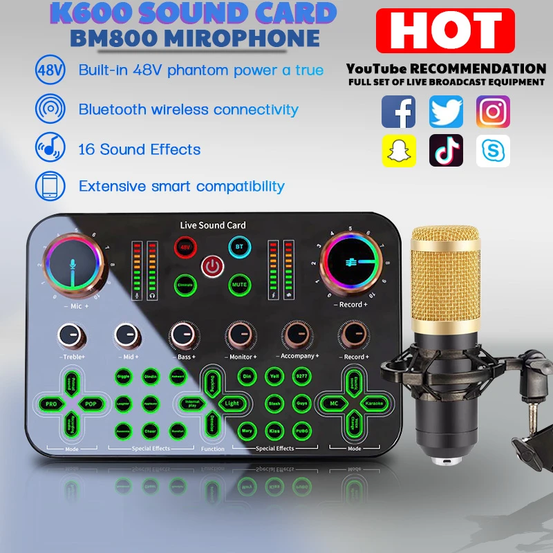 K600 Sound Card Microphone Set 48V Phantom Power Audio Mixer Voice Changer Device For Live Recording