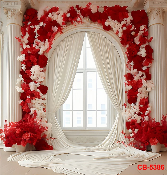 Valentine's Day Backdrop Red Rose Arch Palace Window Curtain Photo Background Vintage Romantic Couple Backdrop Anniversary Party