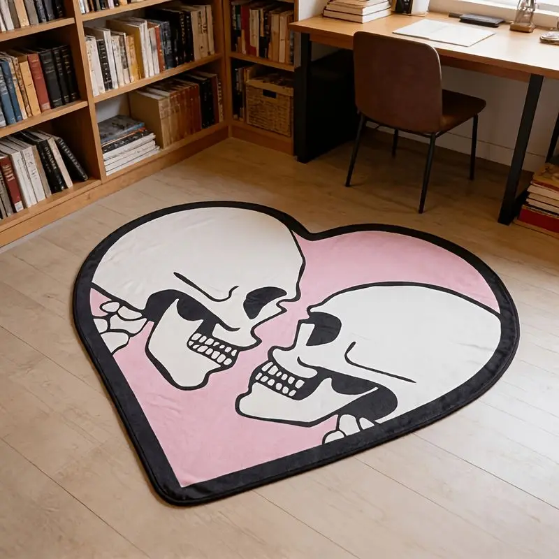 VIKAMA Gothic Couple's Skull and Heart Area Rug, Halloween Bedroom Plush Rug, Soft Non-Slip Entryway Rug, Home Decor