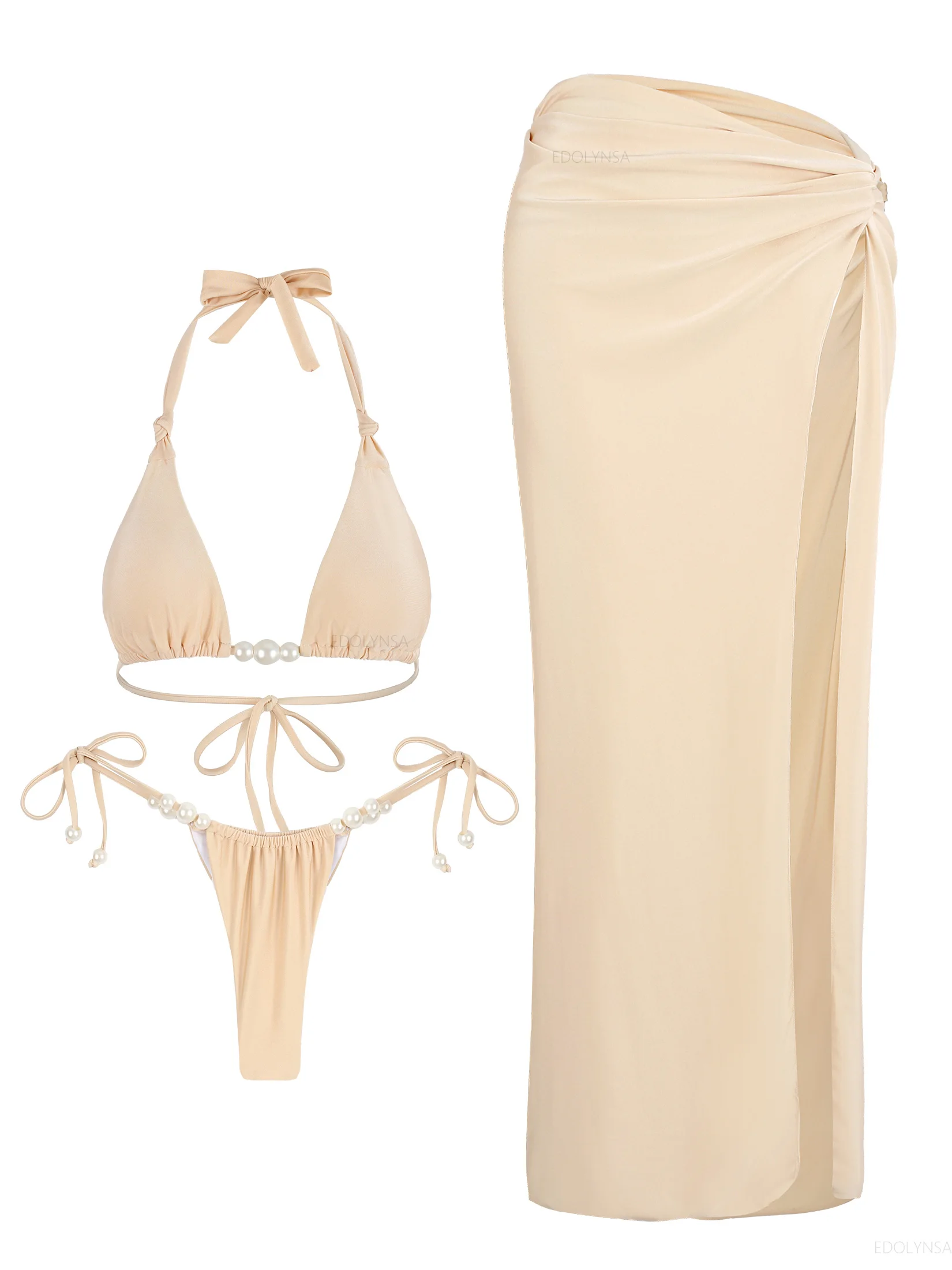 

Комплекты бикини из трех предметов Треугольный купальник с жемчужным поясом Купальник с макси-пляжной юбкой Элегантная пляжная одежда с лямкой на шее Длинный саронг K248