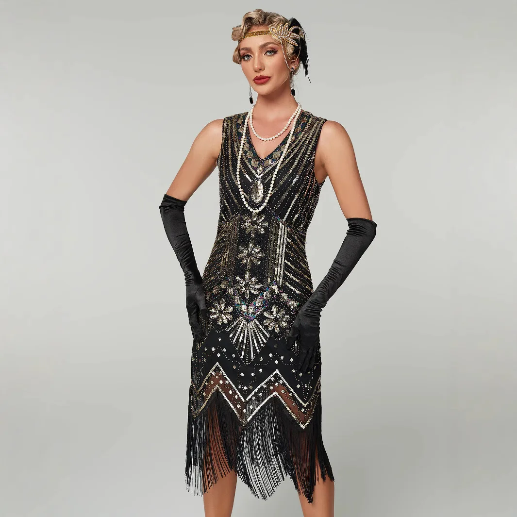 Women 1920s Vintage Great Gatsby Dress Sequins Dress V-Neck Tassels Bodycon Beaded Party Evening Dress Christmas Evening gown