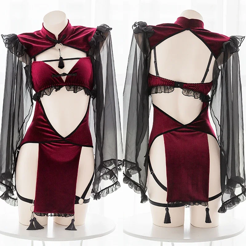 OJBK-Lingerie sexy en dentelle pour femmes, gothique, punk, noir, rouge, demoiselle d'honneur, tentation, démon maléfique, entrejambe ouvert, cosplay, robe dos nu, olympiques