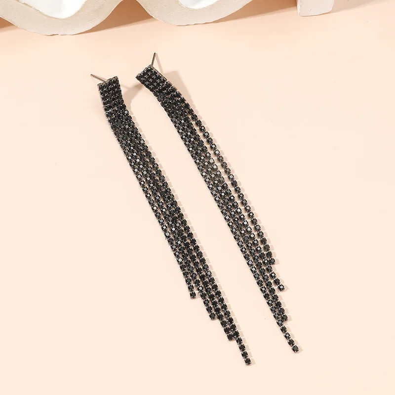 FYUAN Fashion Long Tassel Drop Earrings for Women Black Rhinestone Dangle Earring Wedding Party Jewelry