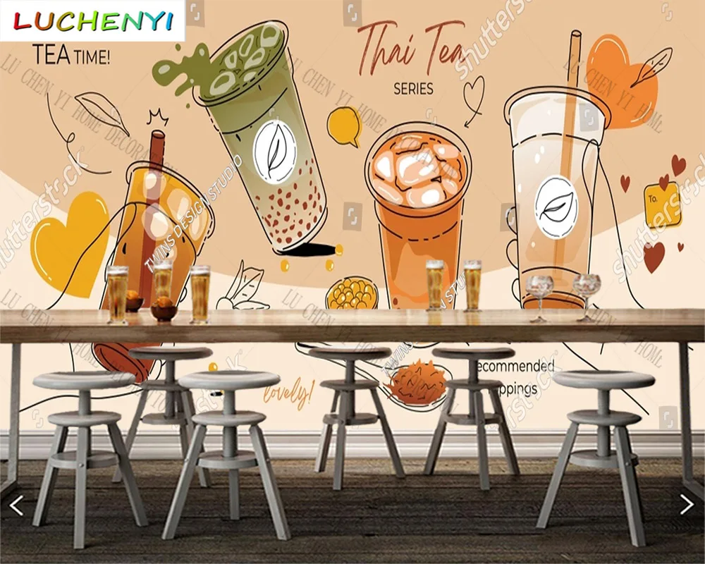 Custom bubble tea Thai tea mural wallpaper restaurant tea time drinking shop kitchen dining room wall papers home decor sticker